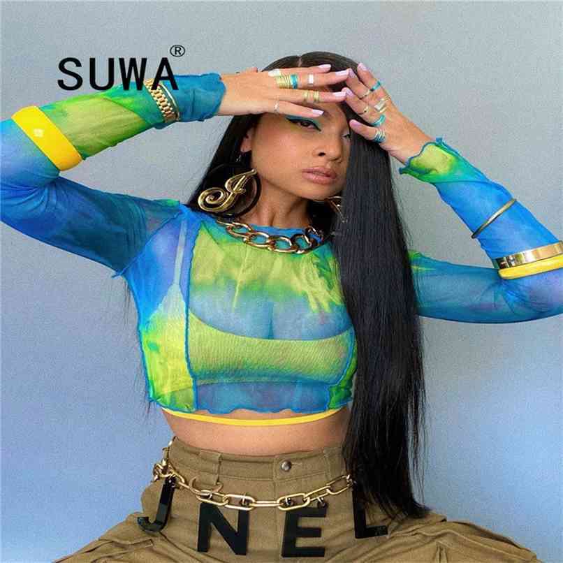 

Vintage Dance Cool Girl Tie Dye Mesh Slim-Fit Long Sleeve Pullover Women Tops And Blouses Fall Workout Clothes Streetwear 210525, Multi