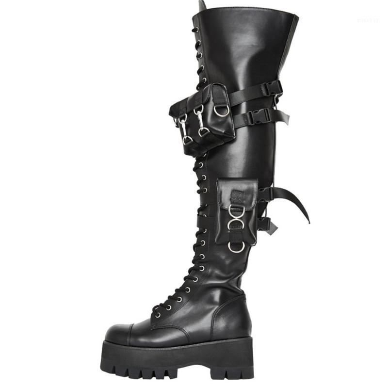 

Boots Womens Round Toe Genuine Leather Belt Purse Pocket Army Over The Knee Platform Chunky Heel Combat Punk Shoes Black