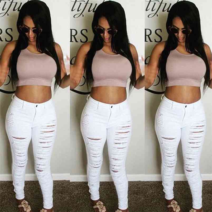 

Fall Skinny Jeans Women Denim Pants Holes Destroyed Knee Pencil Casual Trousers Black White Stretch Ripped 210708