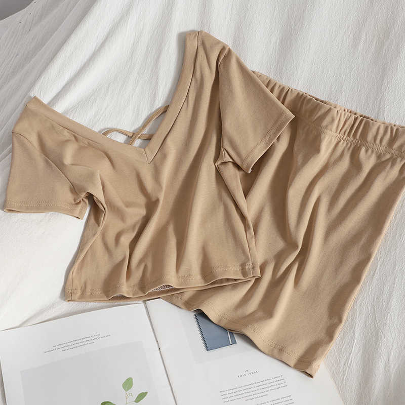 

DEAT summer fashion casual solid color slim short V-neck T-shirt high waist A-line short skirt casual two piece suit SK013 210709, Khaki