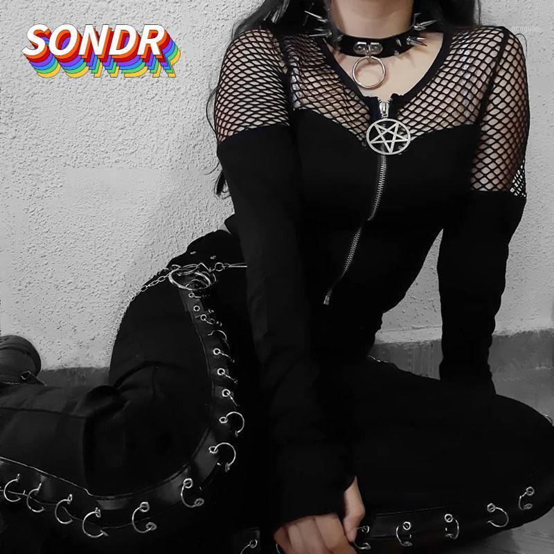 

Women' T-Shirt SONDR Dark Gothic 2021 6 Star Mesh Splicing Nightclub PARTY SEXY LONG SLEEVE, Black