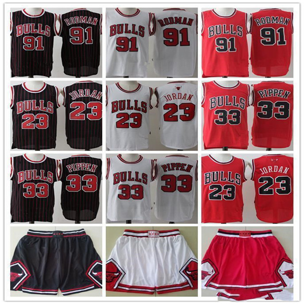 

2021 Mens Chicago Throwback Bulls Michael 23 MJ Red Dennis 91 Rodman Scottie 33 Pippen Shorts Basketball Jerseys, Black;red