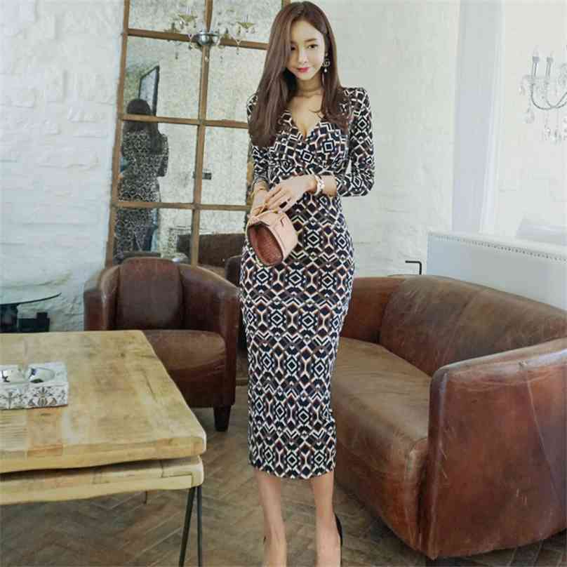 

retro Sexy elegant club korean Ladies V neck long SLeeve bodycon knee Party Dress for women china clothing 210602, The picture color