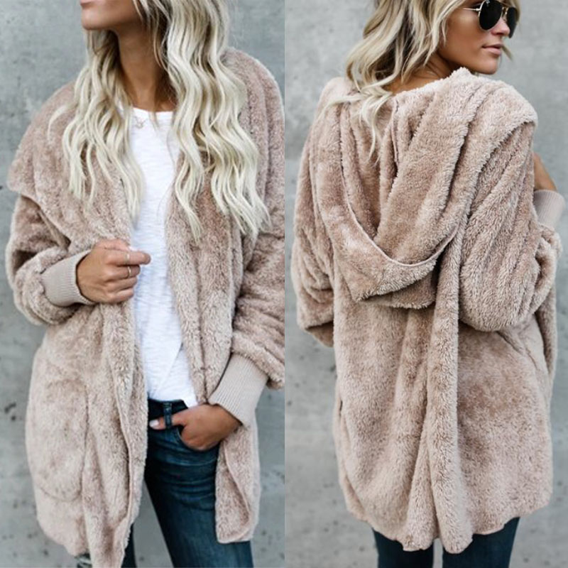 

2021 Women Plush Coat Hooded Long Clothes Top Fall Winter Loose Elastic Casual Party Side Pocket Personality Wind-Proof Clothes, Black;brown