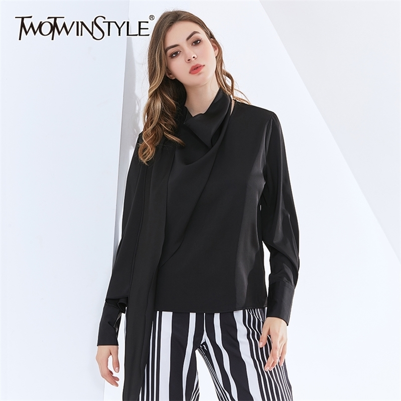 

Solid Casual Shirts For Women Stand Collar Long Sleeve Ruched Lace Up Loose Woven Blouse Female Autumn Clothes 210524, White
