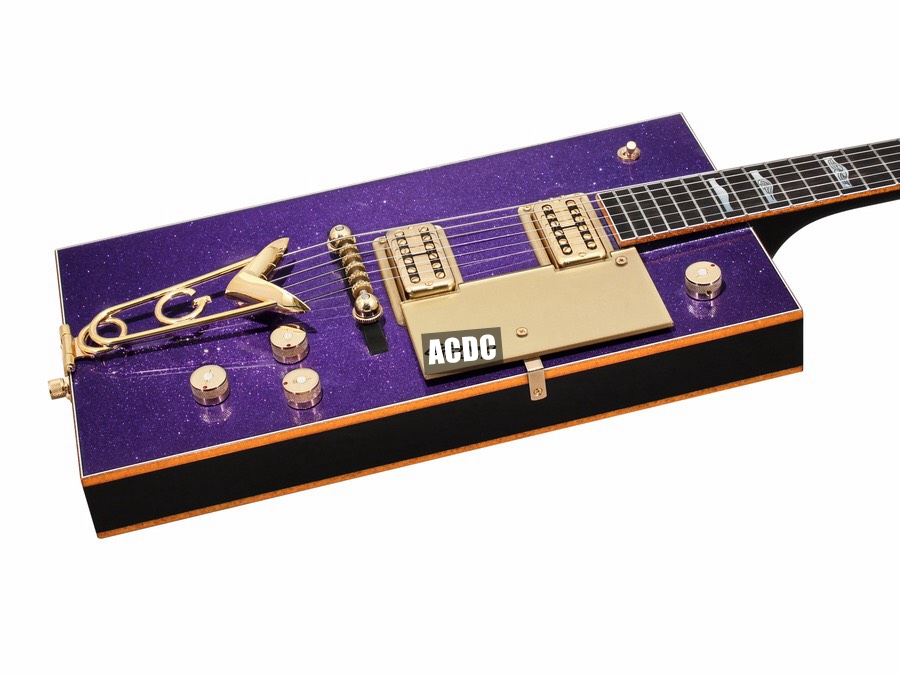 

Rare G5810 Bo Diddley Big Sparkle Metallic Purple Suqare Electric Guitar Gold Body Binding, Bigs Tremolo Bridge, Grover Imperial Tuners, Golden Hardware