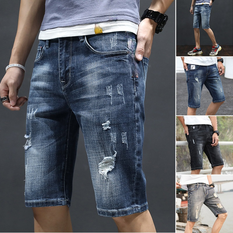 

2021 jeans tide brand men's shorts summer nostalgic blue European and American beggars ripped denim menis five-point pants men Size 28-38