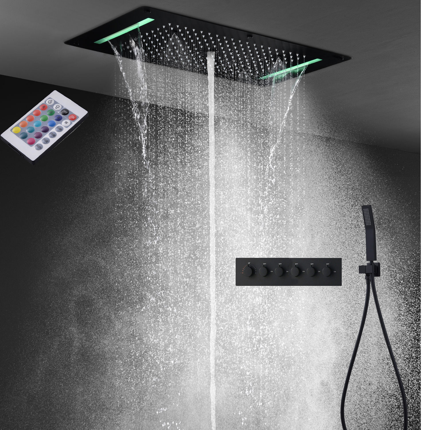 Lujo 5 funciones Funciones Sistema de ducha de precipitación Baño integrado Techo Techo LED Cabeza de ducha Válvula mezcladora termostática Grifos negros