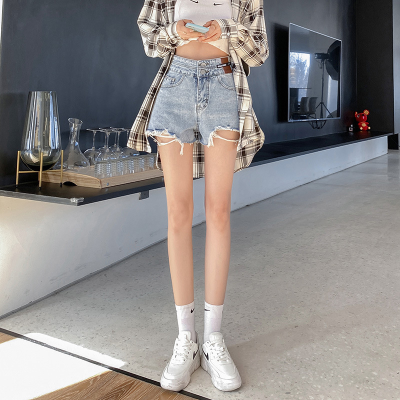 

women's jeans denim shorts 2021 summer high waist thin wide leg loose a-line ultra short pants, Blue