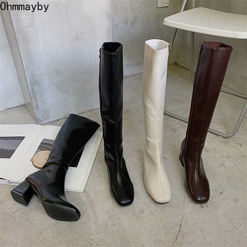 

Women Long Boots Woman Knee High Booties Ladies Shoes Platform Square Heel PU Leather Soft Zipper Fashion Autumn 211105, Brown without fur