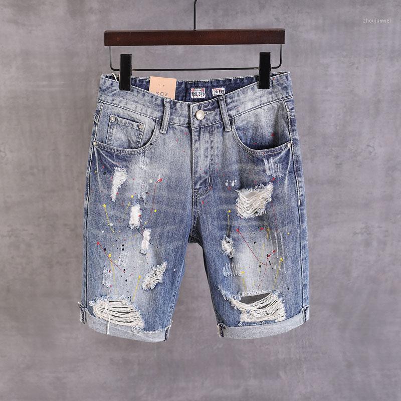 

Brand Style 2022 Men Jeans Straight Fit Retro Blue Destroyed Short Ripped Paint Designer Hip Hop Denim Shorts Men's