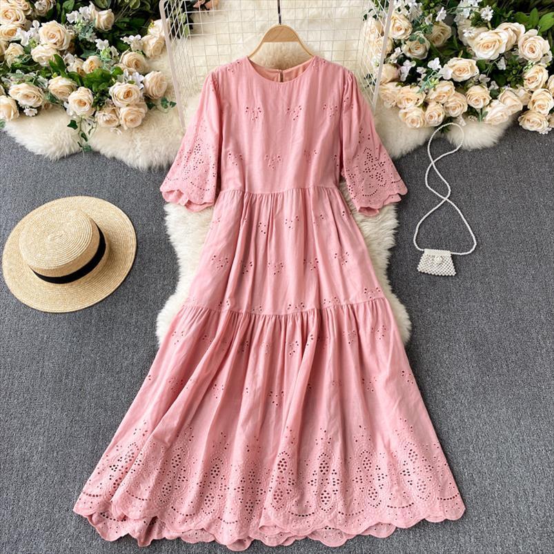 

summer clothes casual sweet womens dresses embroidery lace round neck short sleeve cozy loose midi, Black;gray
