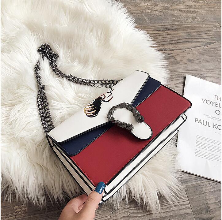 

wholesale women leather chain bag summer Joker silver buckle shoulder bags street trend contrast color handbag sweet and lovely delicate embroidery handbags