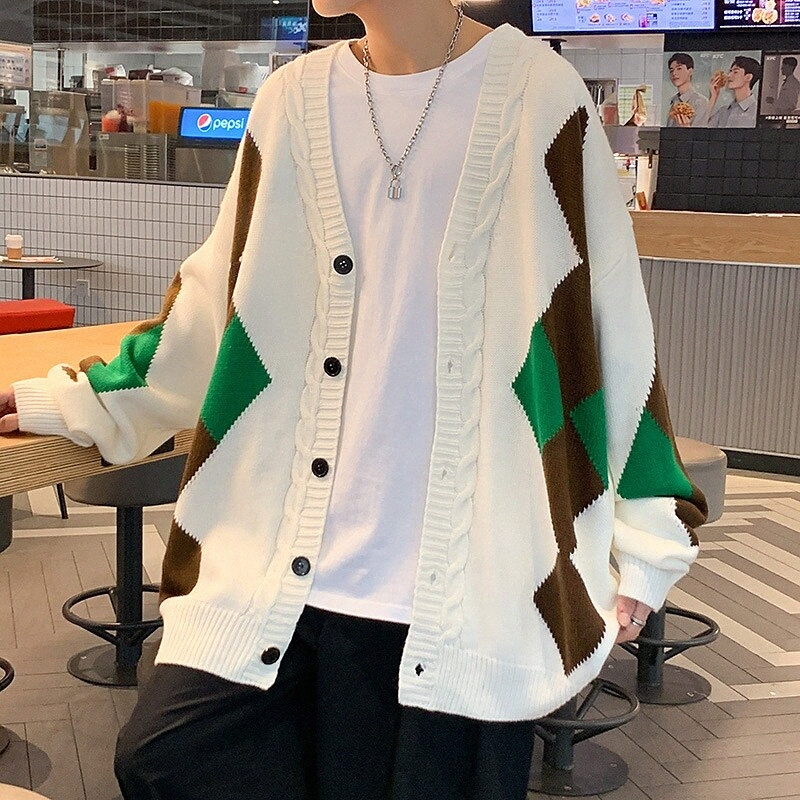 Men's Unisex Cardigan Sweater Knitted Plaid Stylish Long Sleeve Regular Fit Sweater Cardigans V Neck Fall Winter White Black G4fO#