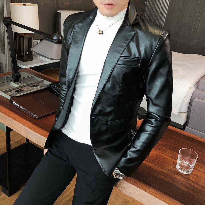 

Men's Faux Leather Suit Jacket Men Korean Clothing One Button Casual Slim Fit Blazer White Black Red Singer Stage Blezer Coat 211111
