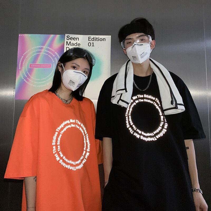 

Men's T Shirts Super Summer Round Neck Drop Shoulder Sleeve Tshirt Korean Trend Reflective Letter Printing Five Points Short, Orange