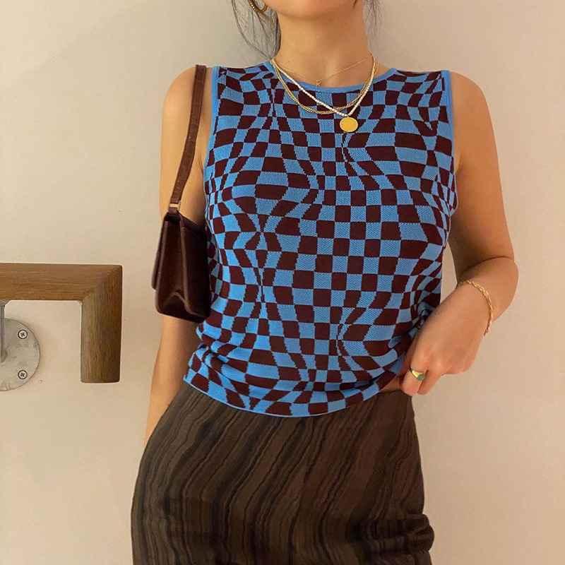 

PROPCM Ladies Knitted Plaid Print Vest Round Neck Women Slim Fit Sleeveless Top Check Color Slim Round Neck Wool Streetwear, Green