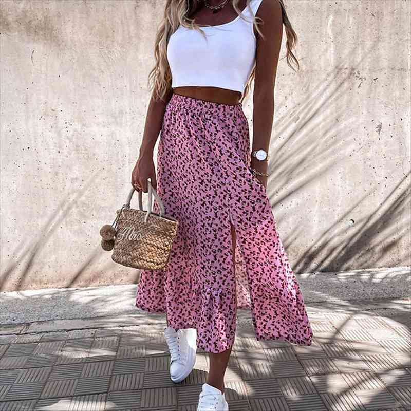 

summer design vintage floral ruffle long skirts women elegant split a-line sweet skirts lady casual elastic waist, Black