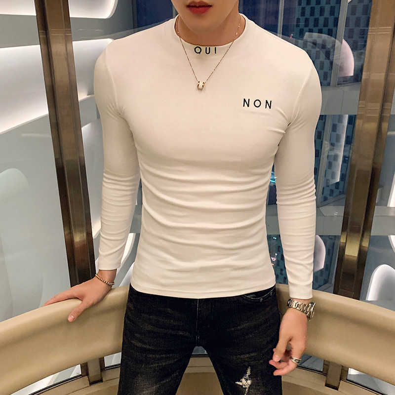 

Autumn Long-sleeved T-shirt Men Half Turtleneck Sports Casual Slim Fit Tees Tops Letter Embroidered Undertshirts Streetwear 210527, Black