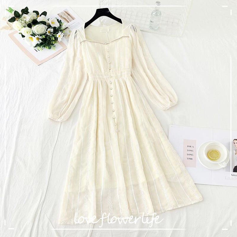 

Elegant Square collar Chiffon Dress Autumn Winter Vintage Slim Long Sleeve Women Dress Office Lady Casual Midi Dress 210521, Beige
