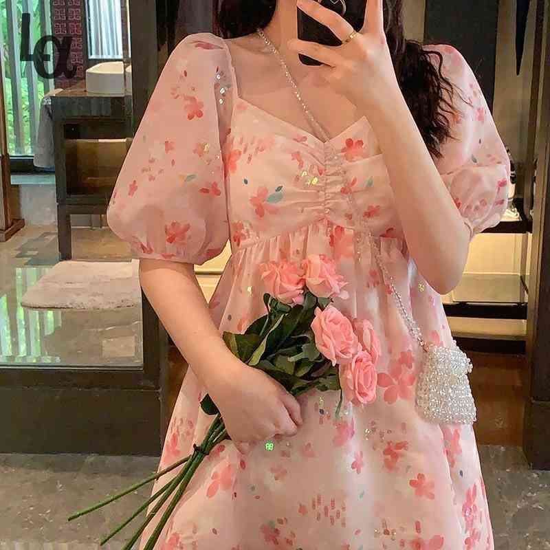 

Pink Sequin Fairy Dress Women Elegant Floral Sweet Chiffon Mesh Casual Loose Kawaii Summer Korean Style 210519