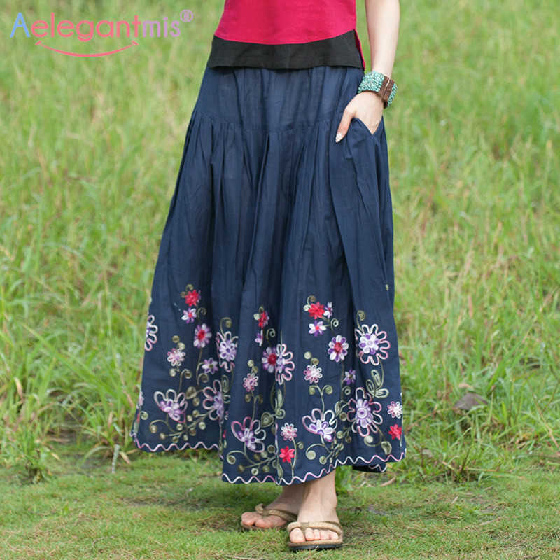

Aelegantmis Handmade Embroidery Chinese Style Women Long Skirt High Waist Big Hem Plus Size Beach Streetwear Casual s 210607, Red