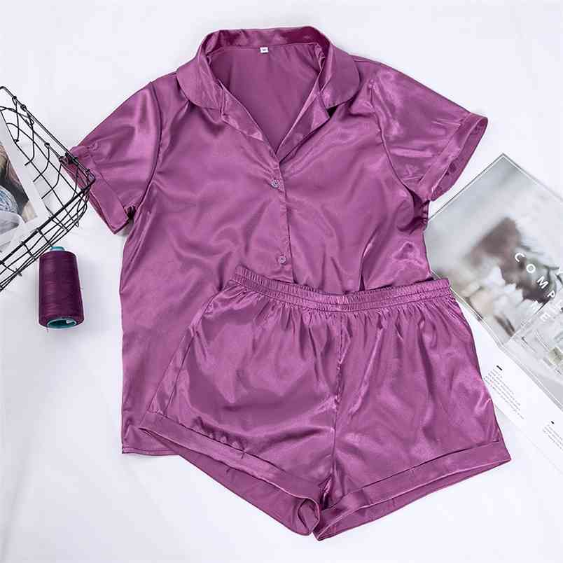 

HiLoc Solid Satin Sleepwear Silk Pajamas Set Top And Shorts Two Piece Pyjamas Women Pajama Short Sleeve Home Suit Casual 210830