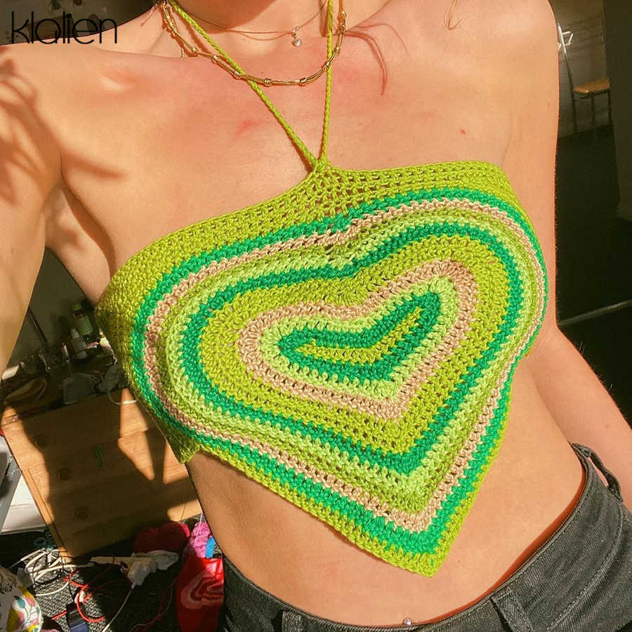 

KLALIEN Fashion Sexy Patchwork Knit Halter Bandage Female Camisole Summer Slim Stretch Crop Top Women Club Streetwear 210616, Red