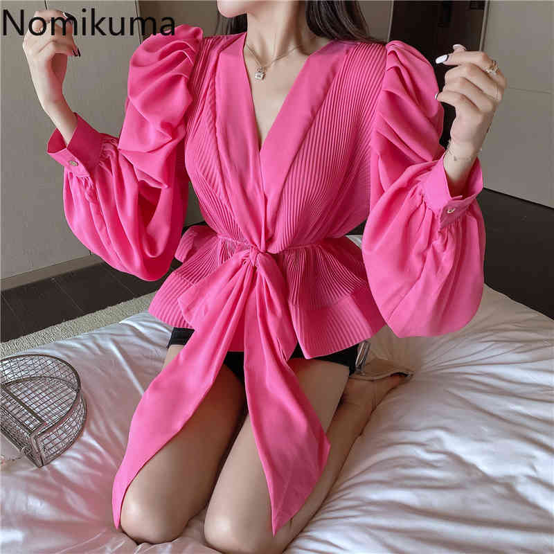 Nomikuma Vintage Puff Sleeve Women Chiffon Blouses Ruffle Bow Lace Up Slim Waist Shirt Causal V-neck New Blusas Mujer 6G841 210427