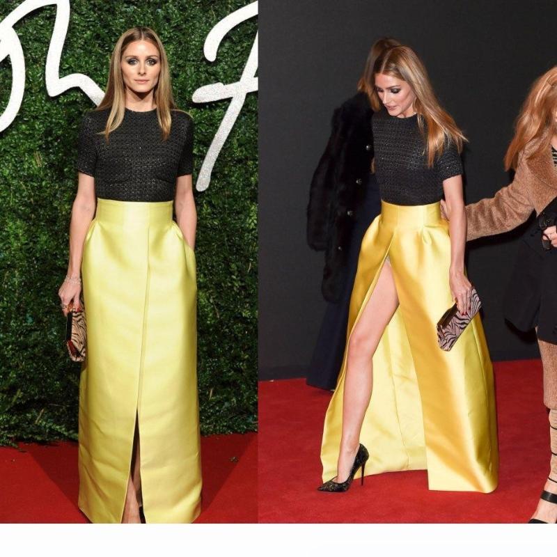 

Yellow Satin Longs Skirts For Women Straight Zipper High Waist Ladies Bust Skirt Front Split Formal Party Fadas Jupe, Black