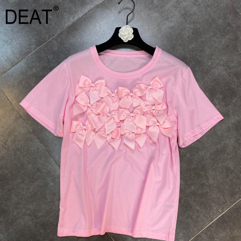 

Summer Ladies T-shirt Short Sleeve O Neck Bow Flower T Shirt Women Top Streetwear Pink Color HR444 210525
