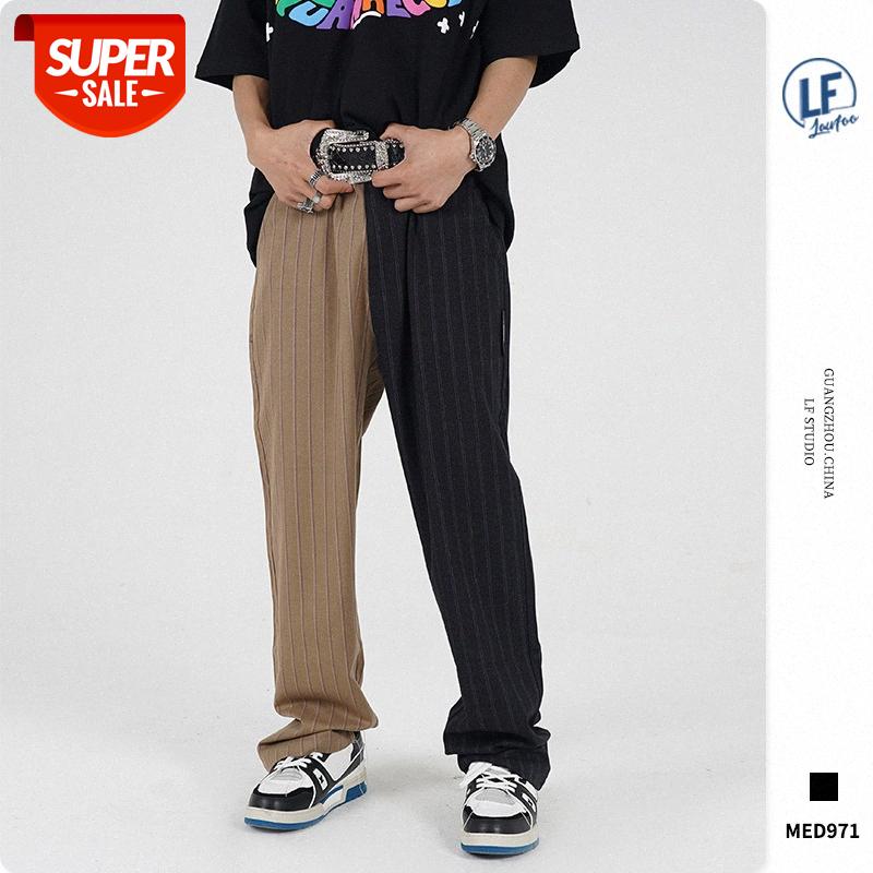 

LawFoo country men's personality flow stripe heterochromatic trousers casual pants #Sy0s, Black