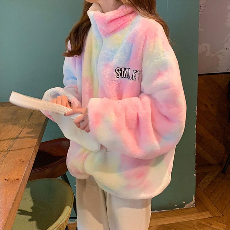 

Women' Fur & Faux Jackets 2021 Winter Macaron Plush Coat Tie Dye Casual Loose Warm Pink Fluffy Jacket With Zipper
