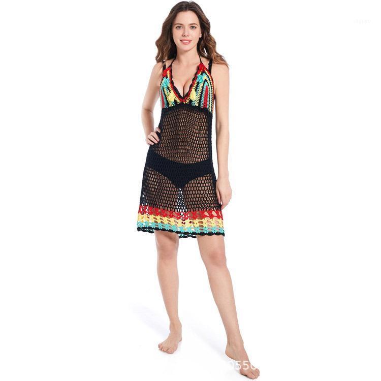 

Women's Swimwear Women Summer Beach Dress Swim Suit Cover Up For Hollow Bikini Sexy Backless Suspender Patchwork Polyester Sierra Surfer, Black