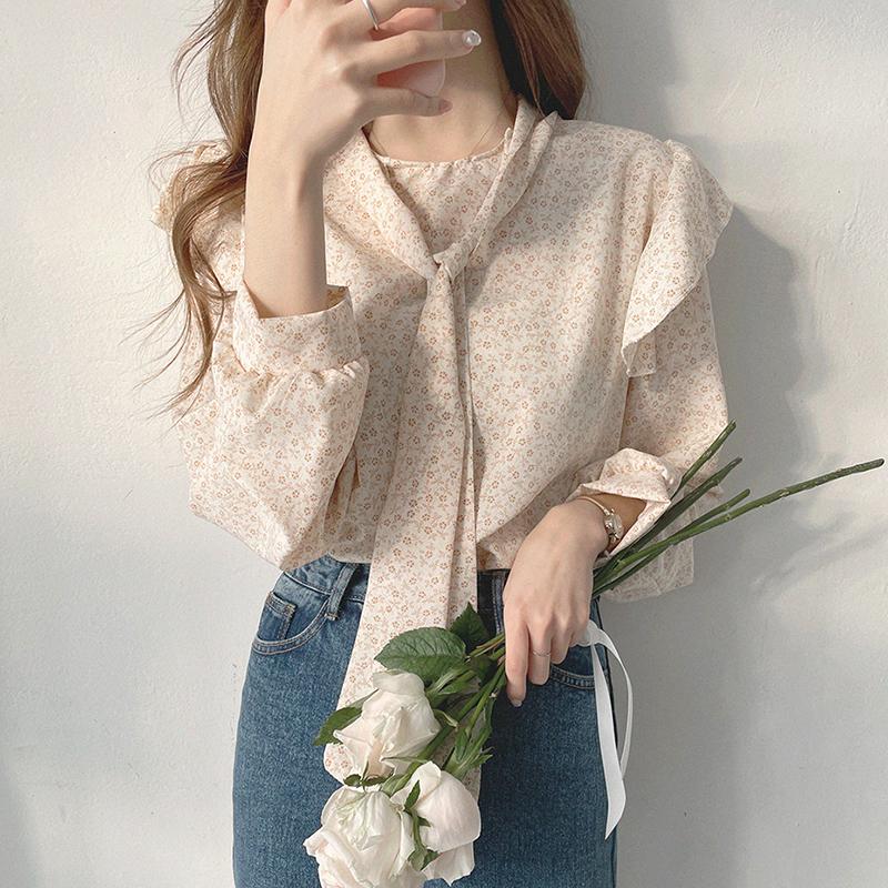 

Women's Blouses & Shirts Blusa Feminina Slim Sweet Gentle Lace Up O Ruffled Long Sleeve Shirt Women Floral Oversize Thin Tops Korean Chic Pr, White