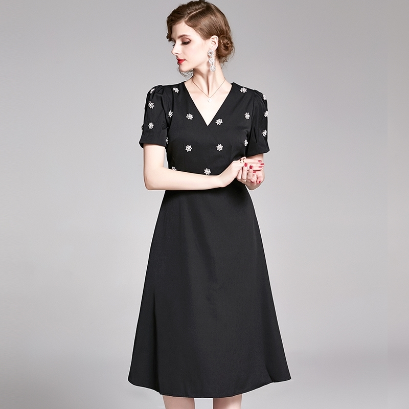 

Fashion Summer Short Sleeve Runway Dress Women Gorgeous Beading Vintage Elegant Dresses vestidos 210520, Photo color