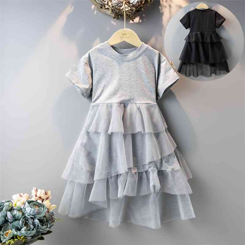

Arrivals Summer Children Sets Short Sleeve O Neck Mesh Solid Cute 2Pcs Girls Layered Dresses 210629, Black