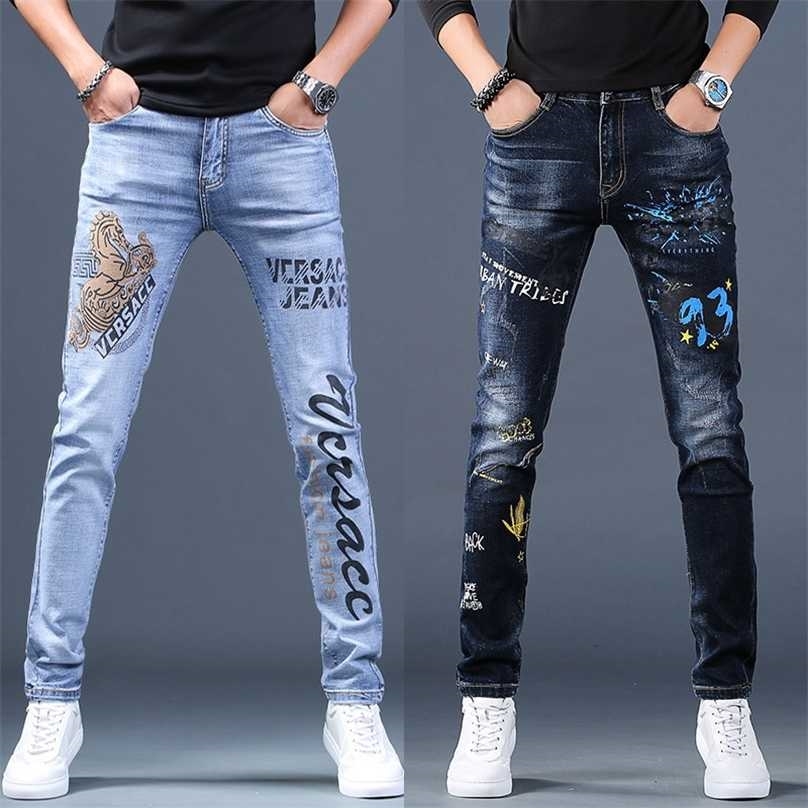 

Mens stretch denim print pants jeans Korea slimming trendy casual all-match light luxury men . 211111, Black blue