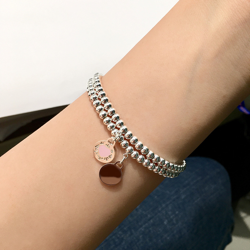 

Fashion Silver beaded Women Bracelets Stainless green flower design pink heart charms bracelet Pulsera