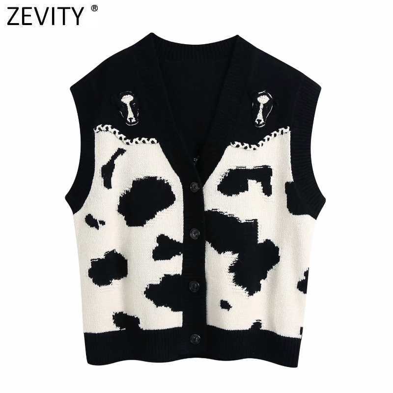 

Zevity Women Vintage Animal Pattern Loose Cardigan Vest Sweater Ladies V Neck Sleeveless Waistcoat Chic Pullovers Tops SW700 210603, As pic sw700bb