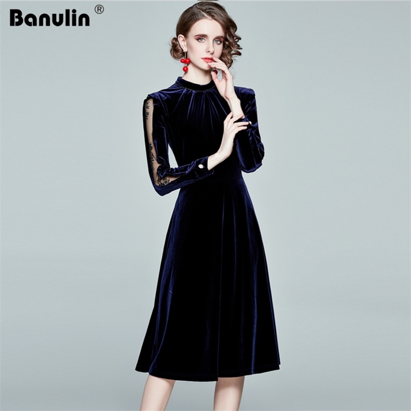 

Banulin Autumn Winter Fashion Runway Velvet Midi Dress Women's Long Sleeve Lace Splicing Elegant Party Vestidos Robe 210603, Sapphire