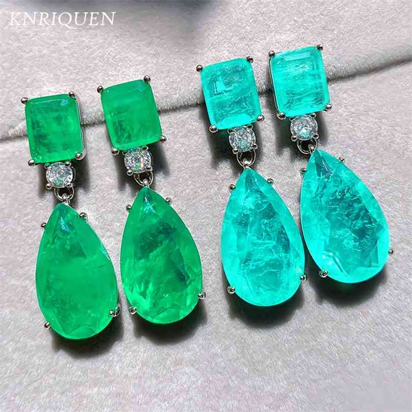 

Trend 925 Sterling Silver Paraiba Tourmaline Emerald Gemstone Big Drop Earrings for Women Cocktail Party Fine Jewelry Giift 210625