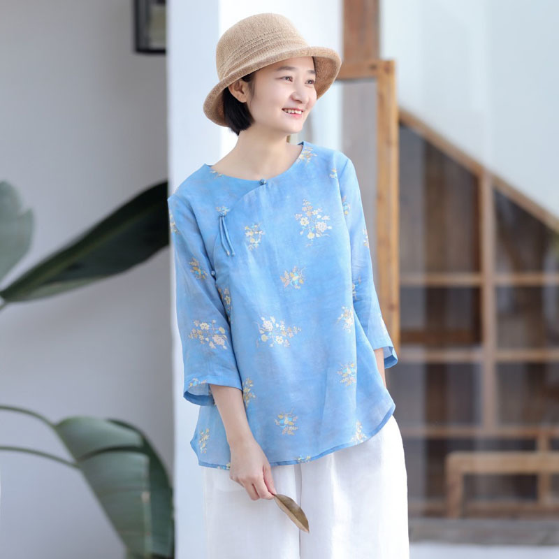 

Johnature Summer Loose Retro Fashion Floral Print O-neck Plate Buckle Shirt Simple Comfortable All-match Women Tops 210521, Blue