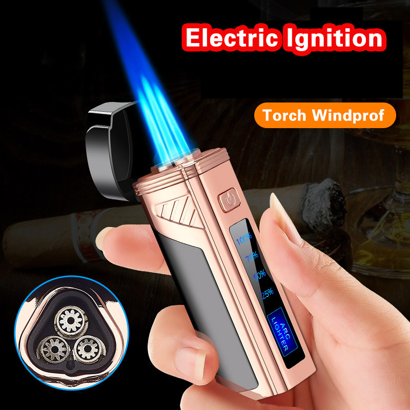 

Cigar Torch Lighter with Punch Electric Ignition Triple Flame Jet Lighters Inflatable Touch Sensing Windproof Power Display Creati9859183