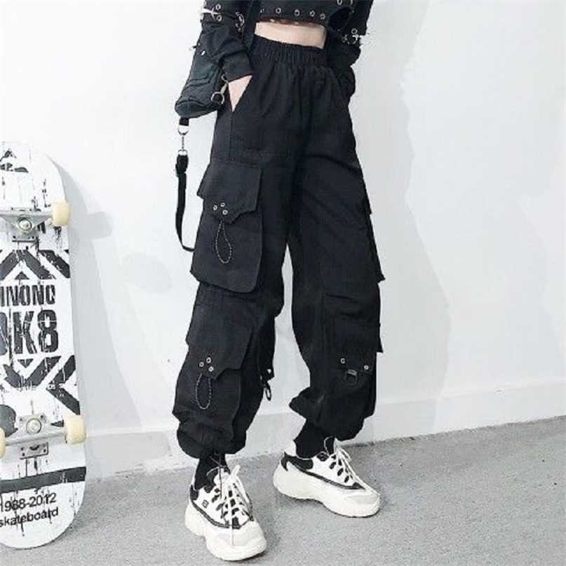 

QWEEK Gothic Black Cargo Pants Women Baggy Harajuku Streetwear Oversize Punk Jogging Trousers for Female Hip Hop Mall Goth Emo 211115, Black;white
