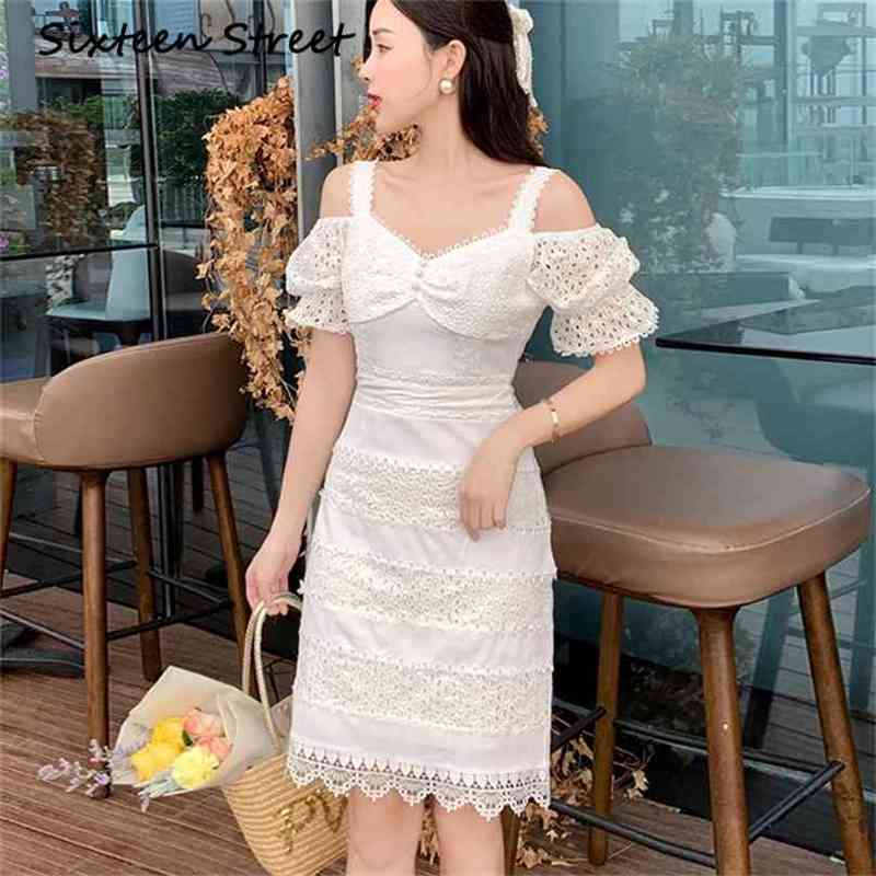

Woman Dress summer puff sleeve V-neck white casual lace hollow out mini dress female party design vestido 210603