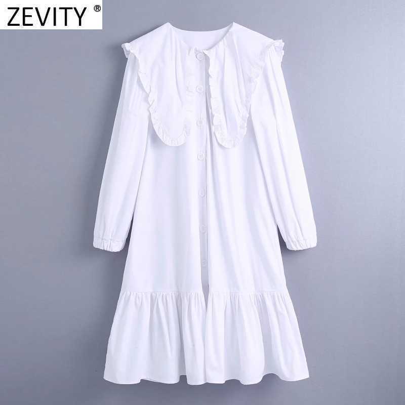 

Zevity Women Sweet Big Peter Pan Collar Hem Pleat Ruffles White Shirtdress Female Agaric Lace Vestidos chic Dresses DS4957 210603, As pic ds4957bb