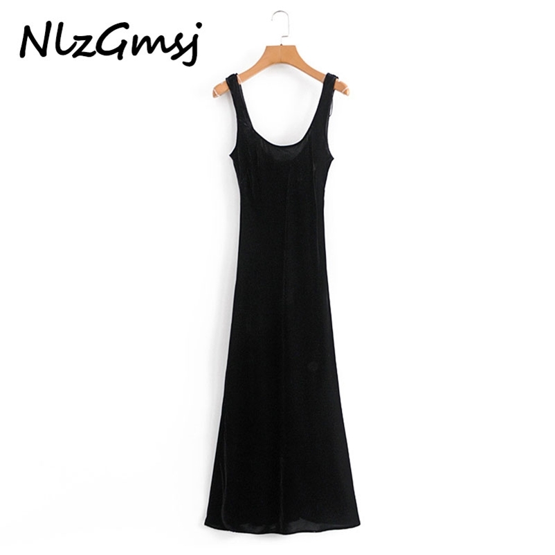 

Nlzgmsj Women Summer Velvet Sleeveless Dress O-Neck Solid Black Vintage Female Street Elegant Long Maix Dresses Clothes 210628, As picture
