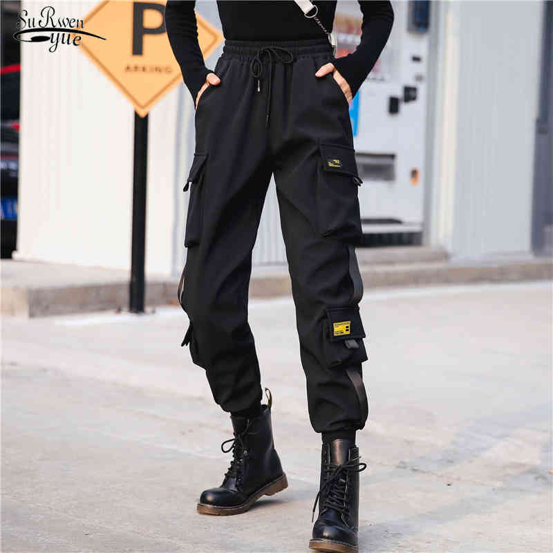 

Fashion Black Drawstring Women Streetwear Cargo Pants Casual Plus Size Ankle Length Loose Elastic Waist Trousers 12825 210521