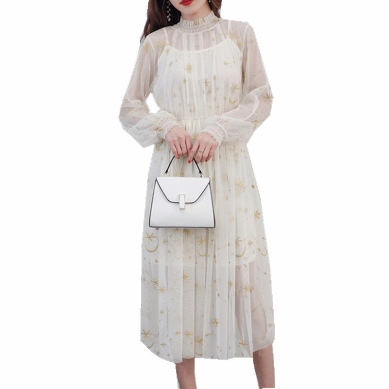 

ZAWFL Spring Elegant Vintage Long Sleeve Stars Embroidery Dress Women Mesh Pleated Maxi vestidos de festa 210525, Picture color